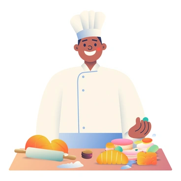 A cheerful cartoon baker with a big smile is standing in the center of the image. The baker has light brown skin and wears a white chef's coat, with a tall white hat perched on their head. Surrounding the baker are various freshly baked pastries, including golden croissants, brightly colored macarons, and a large round cake decorated with colorful frosting. The setting has a warm ambiance, with a wooden table in front of the baker displaying an array of delicious treats. A rolling pin and flour scattered on the table add to the baking atmosphere.