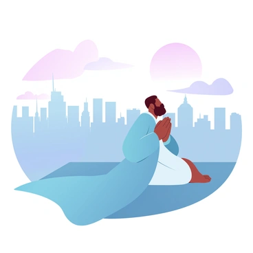 A silhouette of a person kneeling in prayer is positioned on a rooftop. The person is wearing a long robe that flows gently with the breeze. In the background, a vast cityscape stretches out, featuring tall buildings and a range of architectural styles. The sky is painted in gradient pastel colors, transitioning from soft pinks and purples to light blues as the sun sets. The horizon is dotted with distant skyscrapers, and a few clouds catch the last light of the day, enhancing the tranquil atmosphere.