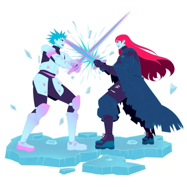 Two anime rivals with distinct styles are engaged in an intense battle scene. One rival has spiky blue hair and is wearing a sleek, futuristic armor with glowing accents. The other has long, flowing red hair and is dressed in a dark, tattered cloak that billows dramatically around them. They are standing on a rocky battlefield, surrounded by shards of ice and sparks flying from their clashing swords. The blue-haired rival wields a sword with a bright, radiant blade, while the red-haired rival holds a dark, jagged sword that emits a smoky aura. Their expressions are fierce and determined as they strike against each other, showcasing the intensity of their rivalry.