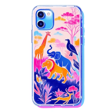 A phone case features elegant silhouettes of various wild animals, including a majestic elephant, a graceful giraffe, and a powerful lion. The animals are depicted in a minimalist style, their forms outlined in black against a soft, muted background. The silhouettes are arranged artistically, overlapping slightly to create a harmonious composition. Additional animals, such as a soaring eagle and a swift gazelle, are included, enhancing the design's variety. The overall look is both sophisticated and striking, making it an eye-catching accessory.