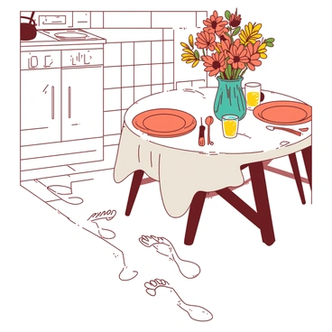 A pair of footprints covered in white flour leads from a kitchen to a dining table. The kitchen has a white tiled floor, and the footprints are clearly visible, leaving a trail of flour dust. The dining table is set with orange plates and utensils, and there are two glasses filled with lemonade. A centerpiece of fresh flowers in a teal vase sits in the middle of the table, completing the inviting scene.