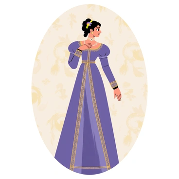 A self-portrait depicting a person wearing elaborate clothing from the Victorian era. The individual is dressed in a long, flowing dress with intricate lace details and puffed sleeves in shades of deep purple and gold. They have their hair styled in an elegant updo adorned with small flowers. The background features a softly colored wallpaper pattern reminiscent of the time, adding depth to the setting. The self-portrait captures an expression of contemplation, with the person looking slightly to the side, engaged in thought.