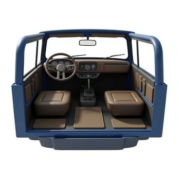 An off-road vehicle interior featuring a dashboard with a rugged, textured finish and oversized dials. The seats are upholstered in durable, mud-resistant materials with reinforced stitching. The floor mats are designed to trap dirt and moisture, while the center console includes storage compartments for gear. The steering wheel has a thick grip and is adorned with controls for navigation and sound. Sunlight filters in through the windows, highlighting the functional and sturdy design elements throughout the interior.