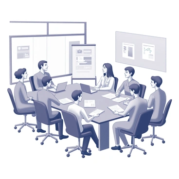 A meeting room with a large rectangular table at the center. Several medical staff members are seated around the table, engaged in discussion. Each staff member is dressed in clinical attire, with some wearing white coats and others in scrubs. Charts and medical documents are spread across the table, alongside a few laptops and a notepad. A large whiteboard is positioned at one end of the room, covered with diagrams and notes. The room has a large window allowing natural light to enter, and there are medical posters displayed on the walls.