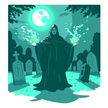 A necromancer raising spirits from the ground in a moonlit graveyard