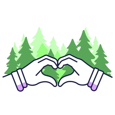 A pair of hands is positioned in front of a misty forest landscape, forming a heart shape. The hands are open and gently curving, their fingers touching at the tips. In the background, there is a dense forest shrouded in mist, with tall trees partially obscured, creating a sense of depth. The forest is rich with foliage, adding texture to the scene. The mist gives the background an ethereal quality, allowing only hints of the colors of the trees to be visible.