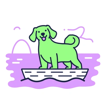 A dog with long, flapping ears is standing on the deck of a small boat. The boat is gently rocking on the water, with the dog's paws firmly positioned on the weathered wooden surface. The dog's fur is blowing back in the wind, creating a dynamic, lively appearance. In the background, a calm horizon meets the water, with a few gentle waves visible beneath the boat. The dog looks excited, with its tongue hanging out, enjoying the feeling of the wind as the boat moves forward.