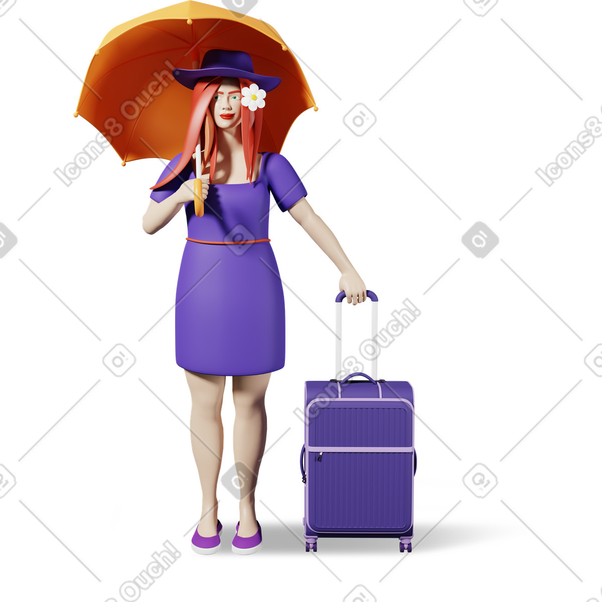 Donna con ombrello e valigia illustrazione in stile 3D Plastic people scarica in PNG, SVG