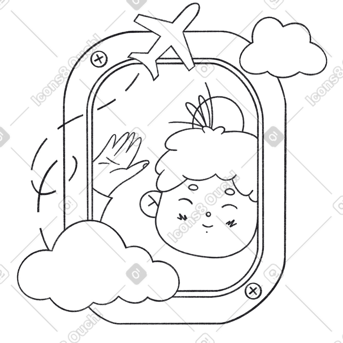 Bonbon Line 스타일의 Excited traveler waving from plane, Holiday trip atmosphere 일러스트레이션 PNG, SVG 다운로드