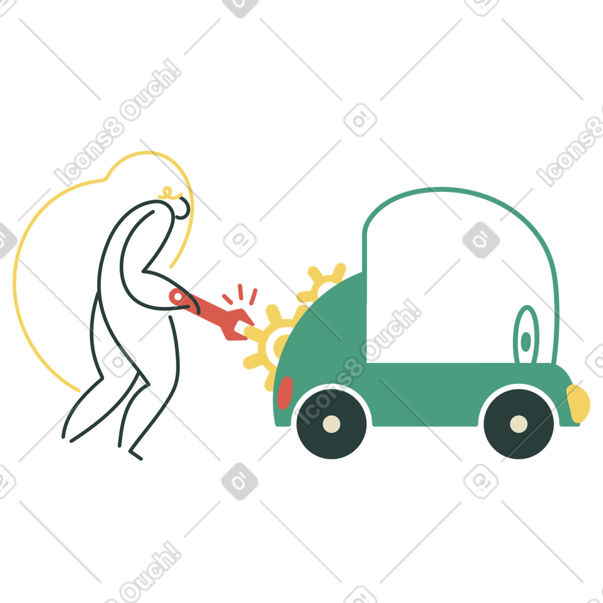 Woman repairing car with wrench illustration repair clipart vector graphics