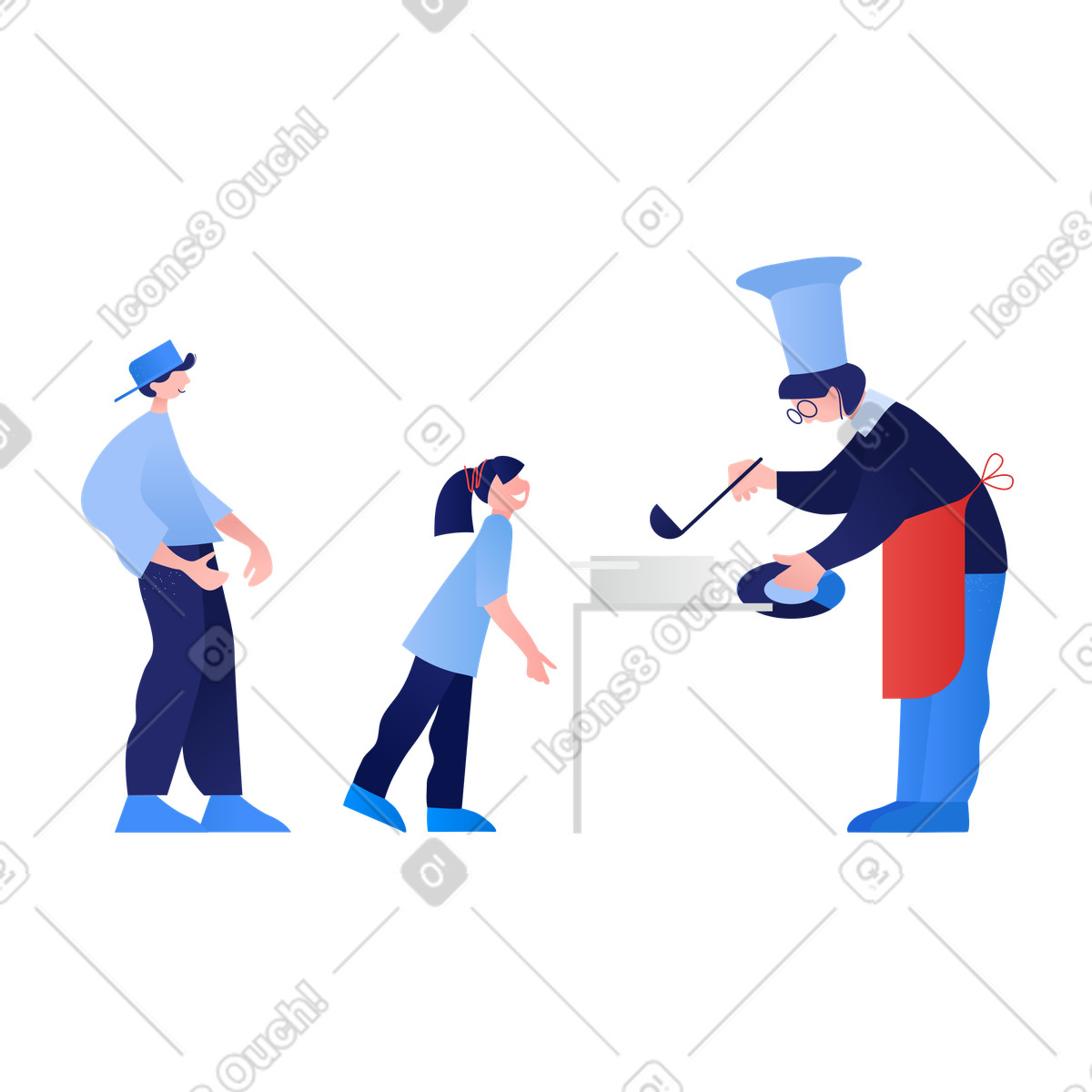 Cook using a ladle to serve school lunch kids illustration in Clip style download in PNG, SVG