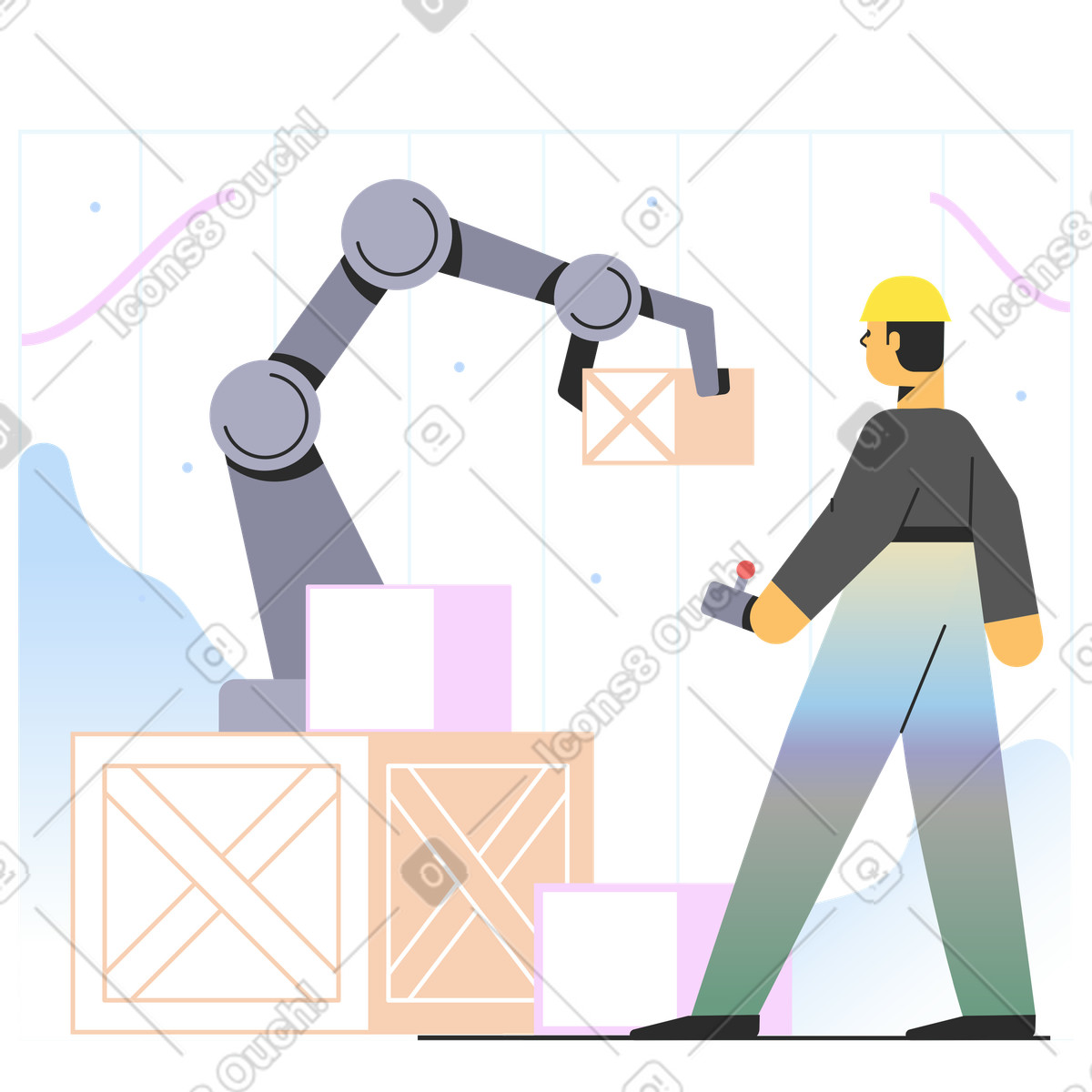 Man controls a robotic arm illustration in Marginalia style download in PNG, SVG