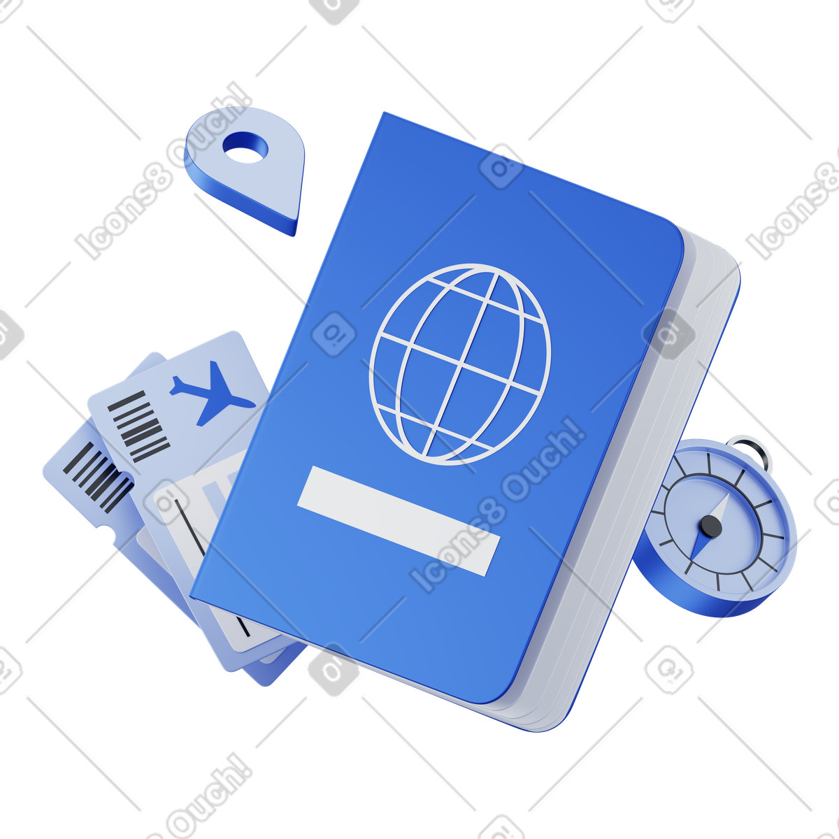 Анимированная иллюстрация Passport, plane tickets, compass, and location pin, Global tourism exploration в стиле 3D Techny — скачать в форматах GIF, Lottie (JSON), AE