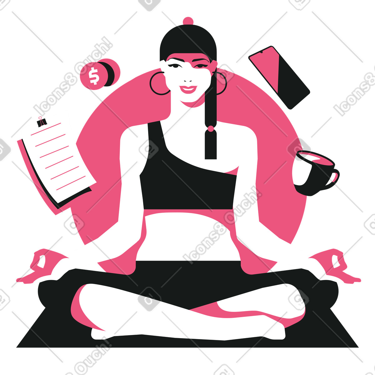 Woman in lotus pose multitasking animated illustration Lounge style download GIF, Lottie (JSON), AE