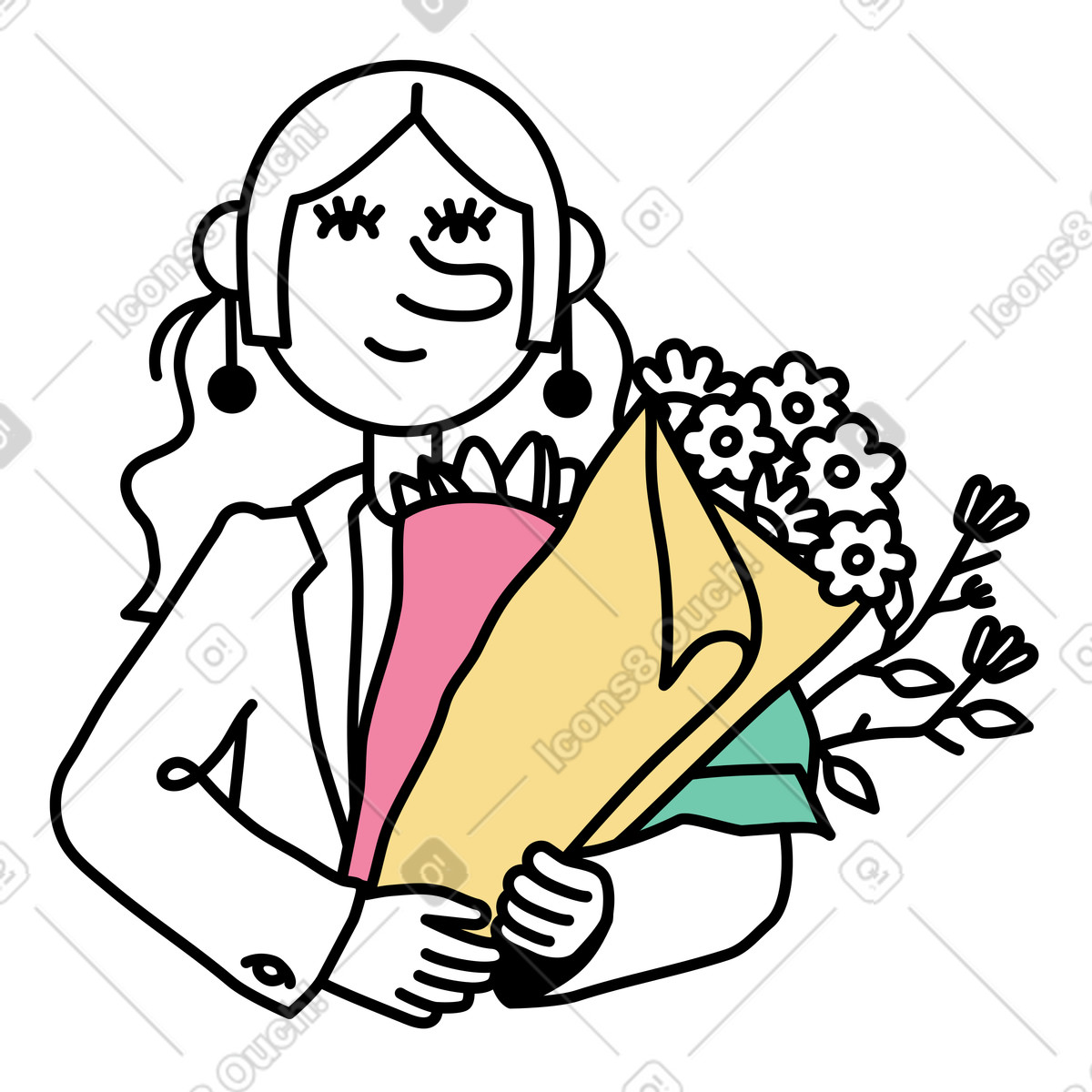 Giovane donna che porta mazzi di fiori illustrazione in stile Notes scarica in PNG, SVG