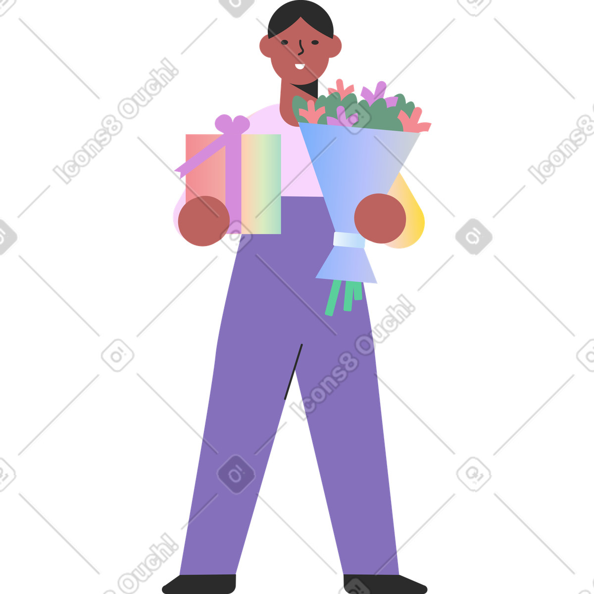 Ilustración Hombre con flores y regalo en estilo Marginalia a descargar en PNG SVG
