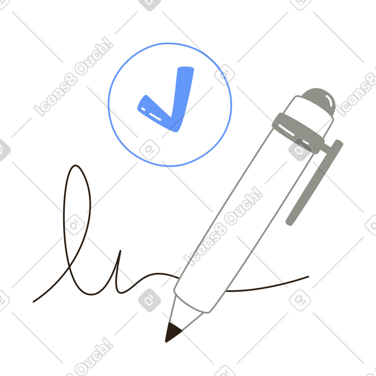 Pen drawing signature with check mark, Document approval and signing illustration in Plain style download in PNG, SVG