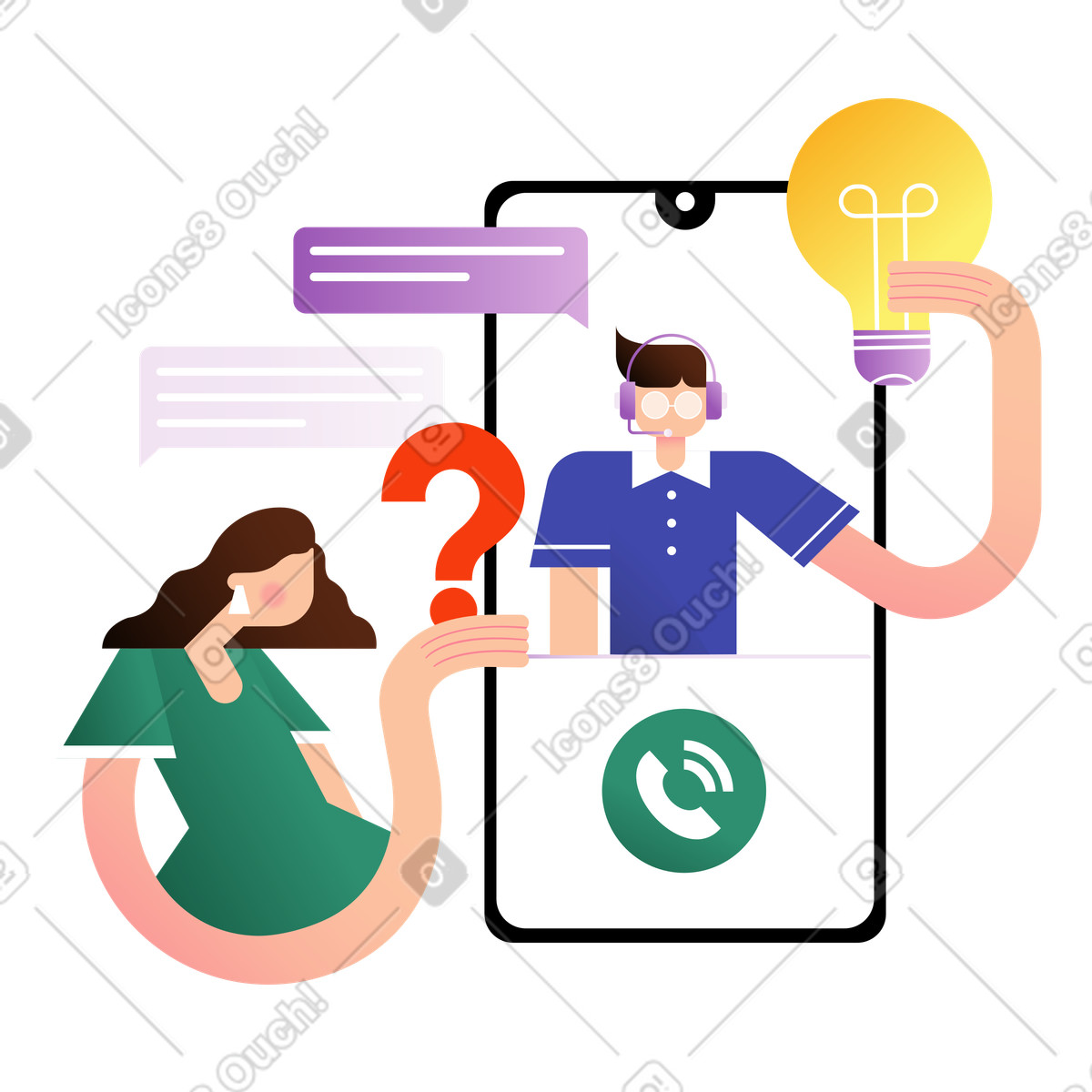 Customer talking to support agent on phone, Helpdesk communication and troubleshooting illustration in Wavy style download in PNG, SVG