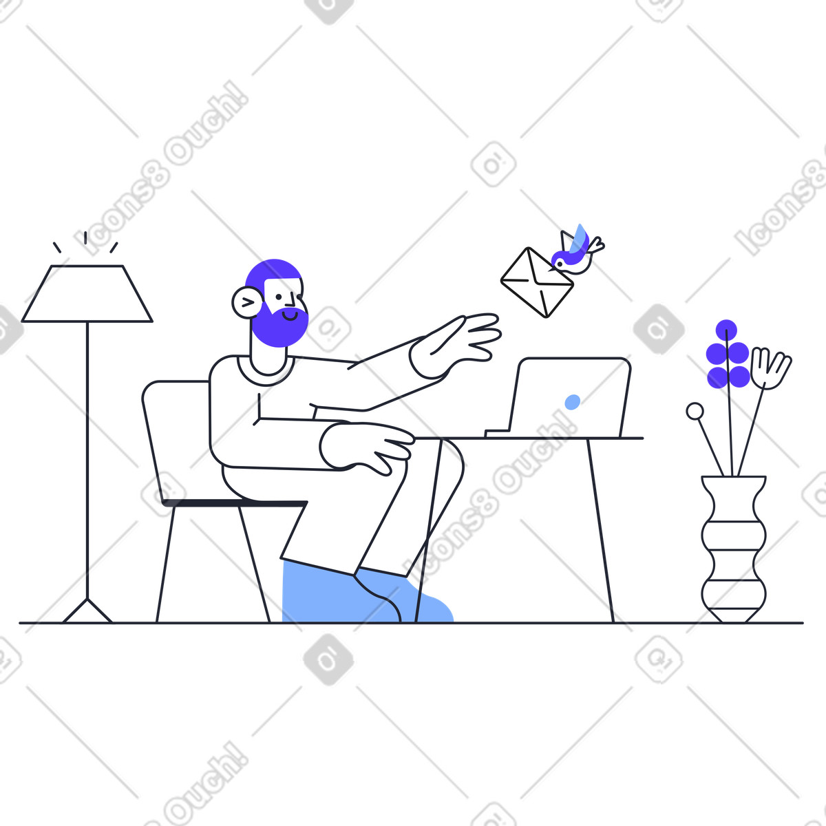 Joyful man reaches for a bird with letter in its beak illustration Pablita style download PNG, SVG