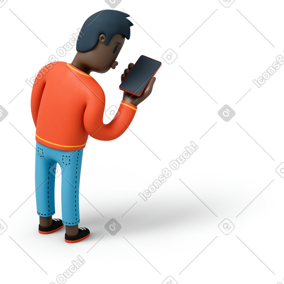 Back view of a black man looking at his phone illustration in 3D Flame style download in PNG, SVG