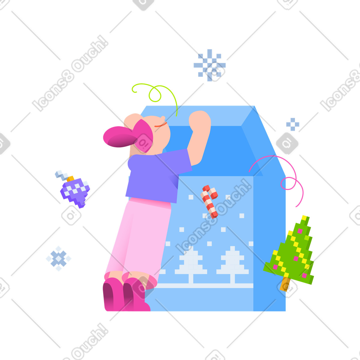 Ilustración animada Mujer joven abre una caja de adornos navideños en estilo 8bit a descargar en GIF, Lottie (JSON), AE