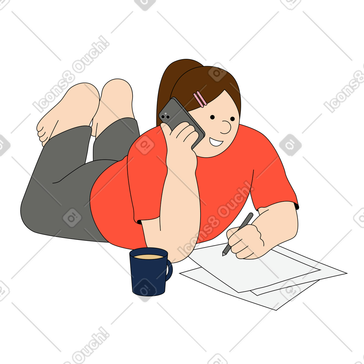 Ilustração de Mulher falando ao telefone e fazendo anotações em no estilo Kindy para baixar em PNG, SVG