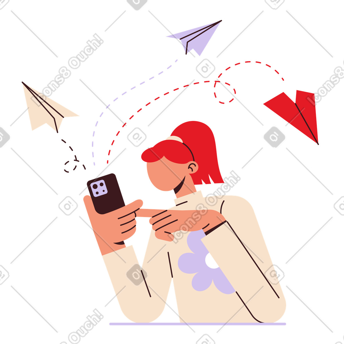 Ilustración Mujer enviando mensajes desde su teléfono en estilo Folks a descargar en PNG y SVG