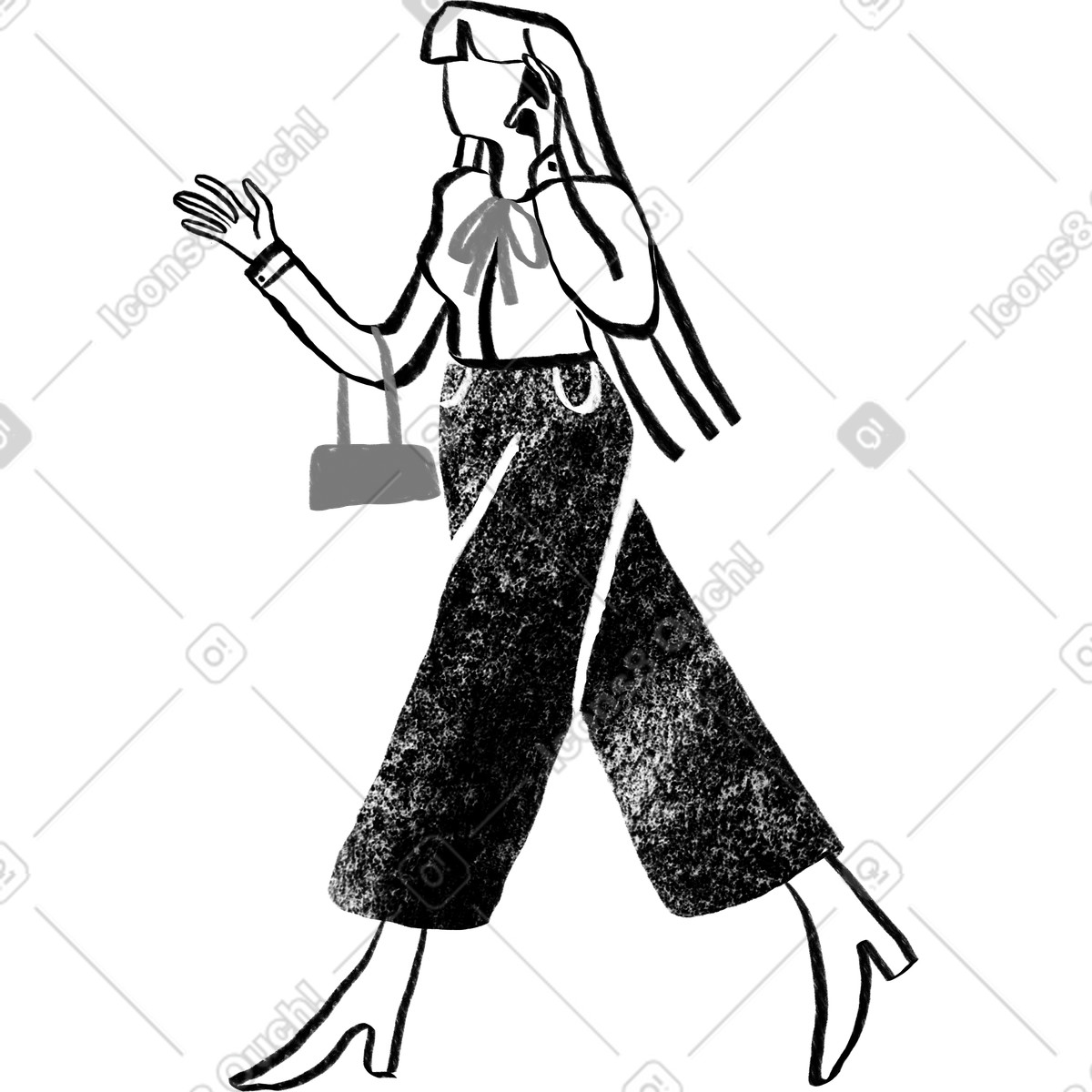 Illustration Femme aux cheveux longs noir et blanc marchant parlant au téléphone dans le style Company à télécharger formats PNG, SVG