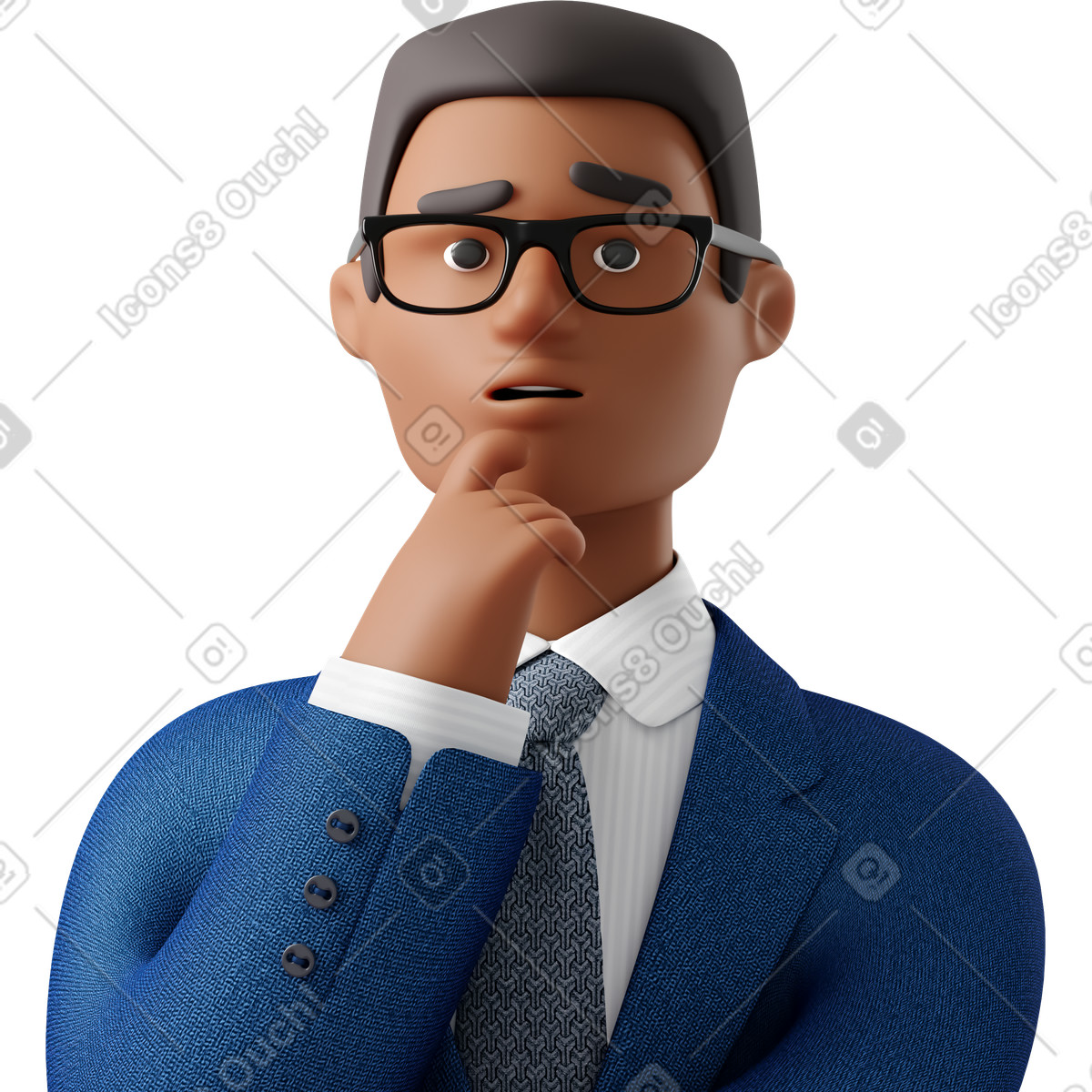Close up of black pondering businessman in blue suit illustration 3D Business style download PNG, SVG