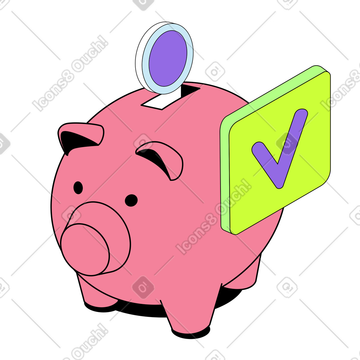 Money savings with piggy bank and check mark illustration in Project style download in PNG, SVG