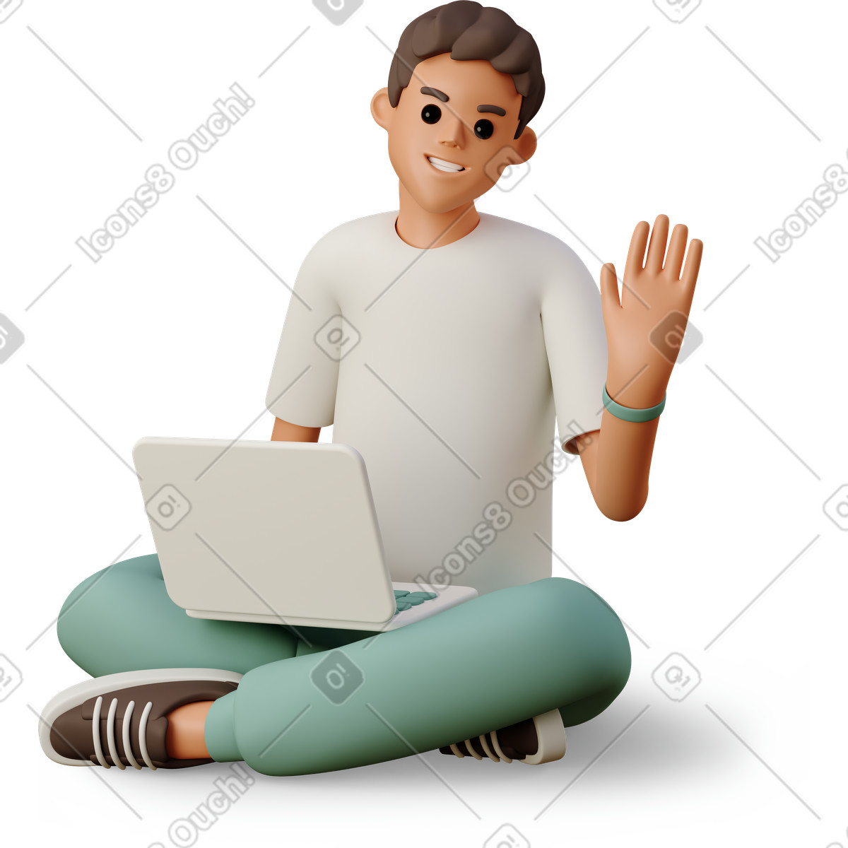 下载 3D Casual life 风格的 Young man sitting with laptop and waving 插画，支持 PNG、SVG 格式
