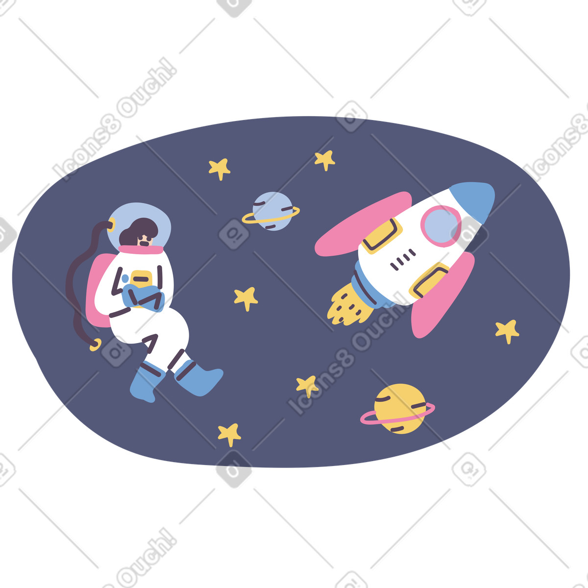 Astronaut floating in space next to planets and rocket illustration in Pluto style download in PNG, SVG