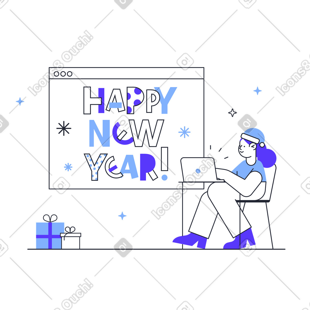Pablita スタイルの ブラウザの新年あけましておめでとうございますのテキストとラップトップとプレゼントとクリスマスの帽子の女の子 のイラストをPNG、SVG形式でダウンロード