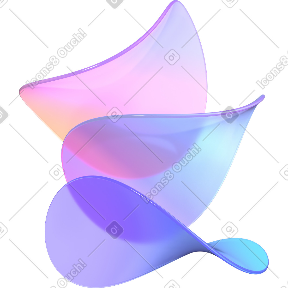 Three deformed thin lenses of different colors illustration in 3D Glassy style download in PNG, SVG