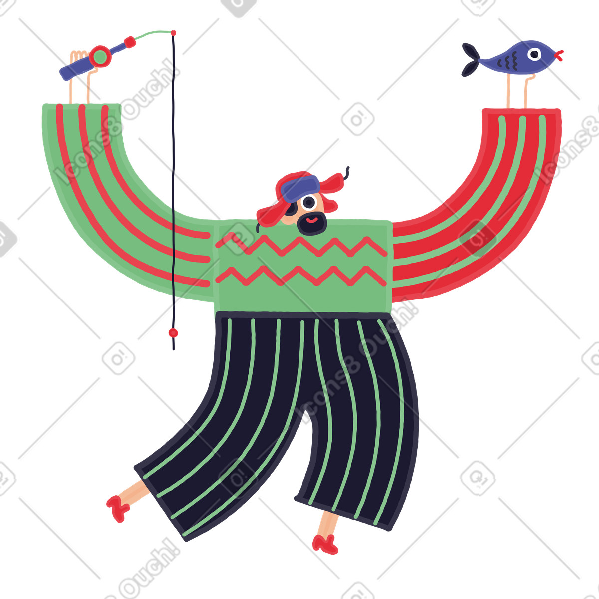 下载 Stripy 风格的 冬季钓鱼时手拿鱼的人 插画，支持 PNG、SVG 格式