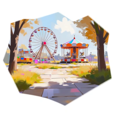 An empty amusement park featuring overgrown pathways covered in unruly grass and weeds. Abandoned rides, such as a ferris wheel and a carousel, stand still against the backdrop of a cloudy sky. The colors of the rides have faded over time, and rust is beginning to appear on the metal structures. Surrounding the rides, there are remnants of colorful signage, now peeling and worn. Shadows of trees loom over the park, adding to the eerie silence of the scene. The atmosphere conveys a sense of stillness, with the absence of any visitors or sounds that once filled the space.