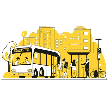 A white bus parked at a busy city bus stop. The bus has large windows and a digital display sign showing its route number. Several people, including a man carrying a backpack and a woman with a shopping bag, are boarding the bus, while others are waiting beside the stop. The surroundings are filled with tall buildings, and a few trees are visible nearby. Some pedestrians are walking along the sidewalk, and a bicycle is leaning against a nearby pole.