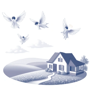 A group of angels is depicted in mid-flight, with their wings spread wide and flowing in an ethereal manner. They are positioned above a tranquil countryside landscape, which features rolling hills and an expansive field dotted with wildflowers. The angels are shown with serene expressions, their mouths open in harmonious song. Below them, a quaint farmhouse with a thatched roof sits amidst lush greenery, and a winding dirt path leads to the front door. Fluffy clouds drift across the sky, creating a soft backdrop for the scene. The overall composition captures a sense of harmony between the celestial beings and the earthly landscape.