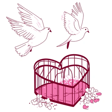 A pair of white doves with elegant feathers are taking flight from an open heart-shaped cage. The cage is intricately designed with delicate filigree patterns, and it sits on a wooden surface. The doves are captured in mid-flight, their wings outstretched as they soar upwards. Surrounding the cage are small white flowers scattered across the surface, adding a natural element to the scene. The overall composition conveys a sense of freedom and love.