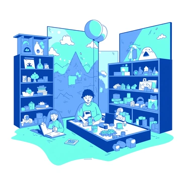 A blue toy store filled with whimsical toys on wooden shelves. The shelves are lined with colorful stuffed animals, puzzles, and building blocks. In the center of the store, children are playing happily, some are building with blocks while others are reading books. There is a large display of action figures and dolls at the front of the store. Brightly colored balloons float above the children's heads, adding to the cheerful atmosphere. The floor is carpeted in a light teal, and there is a playful mural on the wall depicting a fantasy landscape.