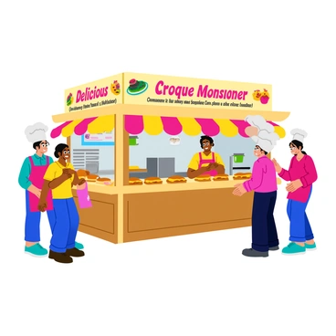 A lively food festival booth dedicated to "croque monsieur." The booth is adorned with colorful banners displaying various food-related graphics. Bright lights illuminate the space, creating a cheerful atmosphere. A large sign above the booth reads "Delicious Croque Monsieur" in playful lettering. Several croque monsieur sandwiches are displayed on a wooden counter, grilled to a golden-brown color, with melted cheese oozing from the sides. Chefs in bright uniforms are busy preparing sandwiches, while customers eagerly gather around to place their orders.