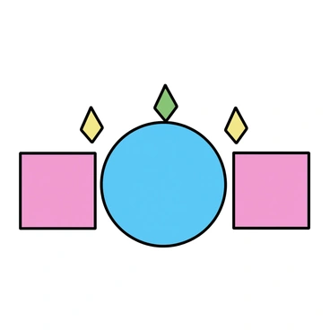 A minimalist drawing featuring an arrangement of geometric shapes, including a large blue circle in the center, flanked by two equal-sized red squares on either side. Above the circle, there are two small green triangles pointing downwards, and below, two small yellow triangles pointing upwards. The shapes are evenly spaced to create a sense of balance and symmetry in the composition.