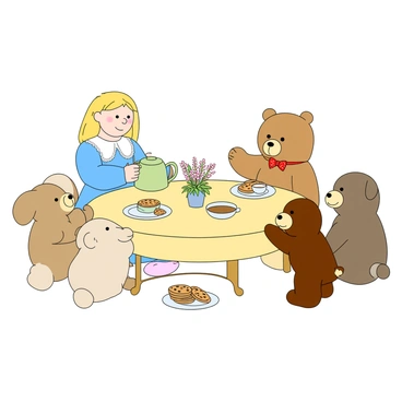 A young girl with golden hair, wearing a blue dress with white lace, is sitting at a small round table set for a tea party. She is smiling as she pours tea from a cute, pastel-colored teapot into a cup. Beside her, a friendly Baby Bear with soft, light brown fur and wearing a little red bowtie is eagerly waiting for his cup. Several plush toys, including a fluffy rabbit and a colorful monkey, are seated around the table, each with their own teacups. The table is decorated with a small vase of flowers, and there are plates filled with cookies. The scene is cheerful and filled with pastel colors.