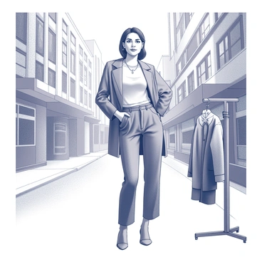 A fashionable influencer standing confidently in a bustling urban environment. She is posing with one hand on her hip, showcasing a stylish outfit that includes a fitted jacket and chic trousers. In the background, there are modern buildings and street art, creating a vibrant atmosphere. As part of the scene, there are indications of various outfit changes with additional garments draped over a nearby railing, displaying a mix of textures and patterns. The influencer has an engaging expression, with her hair styled neatly and accessories complementing her look.