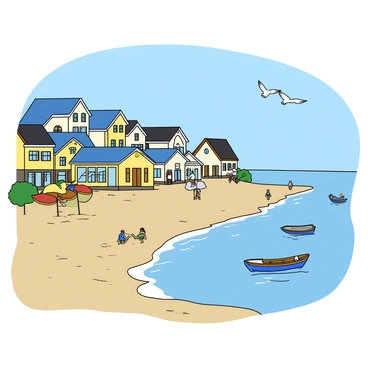 A coastal town with colorful houses built close to the water. The houses have various shades of blue, yellow, and white paint. There are small boats bobbing gently in the water, with some people walking along the sandy beach. The shoreline is marked by patches of wet sand, reflecting the blue sky above. In the distance, the water level appears higher than usual, with seawater lapping at the edges of the beach. A few seagulls are flying overhead, while beach chairs and umbrellas are set up, indicating people are enjoying a sunny day by the sea.