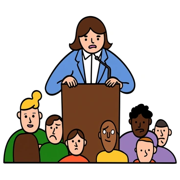 A person with light skin and medium-length brown hair is standing at a podium. Their hands are visibly sweaty as they grip the edges, and their expression shows nervousness with wide eyes and slightly parted lips. The person is wearing a formal blue blazer over a white shirt. In front of them, an audience can be seen, with faces looking up attentively, some with curious expressions. The setting is well-lit, emphasizing the person's anxious demeanor as they prepare to speak.