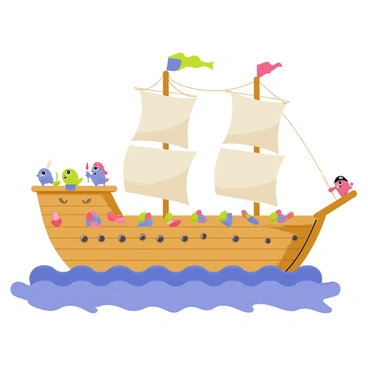 A pirate ship featuring a wooden hull with colorful miniature sails fluttering in the wind. The ship is adorned with playful cannons peeking out from the sides. A crew of fish pirates, each with unique characteristics, navigate the ship. Some have eyepatches and bandanas, while others display swords made from shells and coral. The ocean waves gently rock the ship, and a bright sky serves as the backdrop.