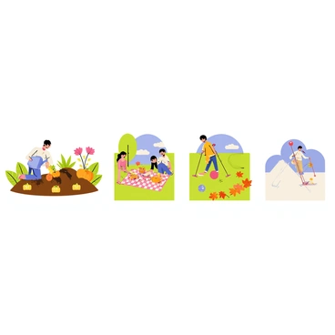 A series of illustrations depicting daily routines throughout the months. The first illustration shows a vibrant garden in Spring, featuring blooming flowers in a variety of colors such as pink, yellow, and purple. A person is kneeling down, planting seeds in rich brown soil with a blue watering can nearby. 

The next illustration captures Summer activities, with people enjoying a picnic on a lush green lawn under a clear blue sky. A checkered blanket is spread out with a basket of fruits and sandwiches, while children play with a red ball in the background. 

The Autumn illustration showcases a cozy scene of someone raking fallen orange and red leaves in a park. A few pumpkins are placed nearby, and a gentle breeze causes some leaves to swirl around them. 

The final illustration depicts Winter, featuring a snowy landscape with a person skiing down a white slope.