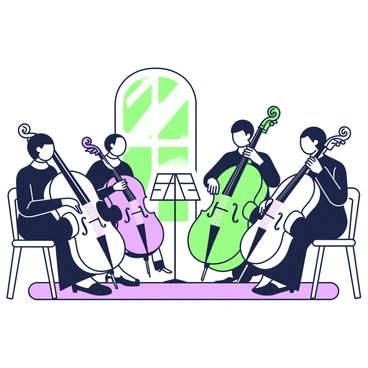A group of four cellists is gathered in a small chamber, each positioned in a semi-circle. The cellists are dressed in formal black attire. The first cellist is playing a cello with a glossy finish, while the second is adjusting the bow on their strings. The third cellist has a focused expression as they play, and the fourth cellist is listening intently. Sheet music is placed on stands in front of each musician. Soft natural light filters through a window, illuminating the wooden floor and the rich textures of the instruments.
