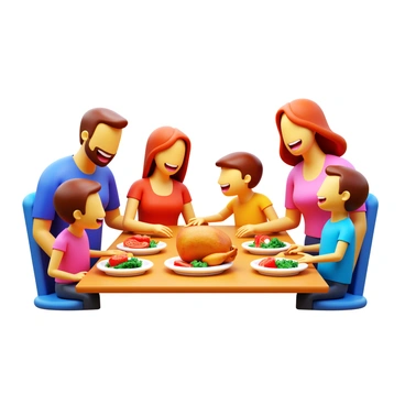 A 3D icon of a family gathered around a dining table sharing a meal. The family members include a father, a mother, and two children, all smiling and looking at each other. The table is filled with a variety of dishes, including a roasted chicken, vegetables, and a salad. Each family member has a dish in front of them and is reaching for food. The scene captures their expressions of joy and connection, with warm lighting highlighting their faces and the food on the table. "Joyful family meal" is displayed as part of the image.